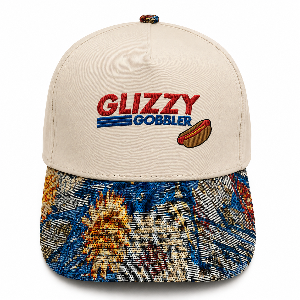 Funny 'Glizzy Gobbler' Hot Dog Embroidered Baseball Cap - Unique Tapestry Woven Floral Brim Hat - Humorous Witty Statement Headwear for Men & Women