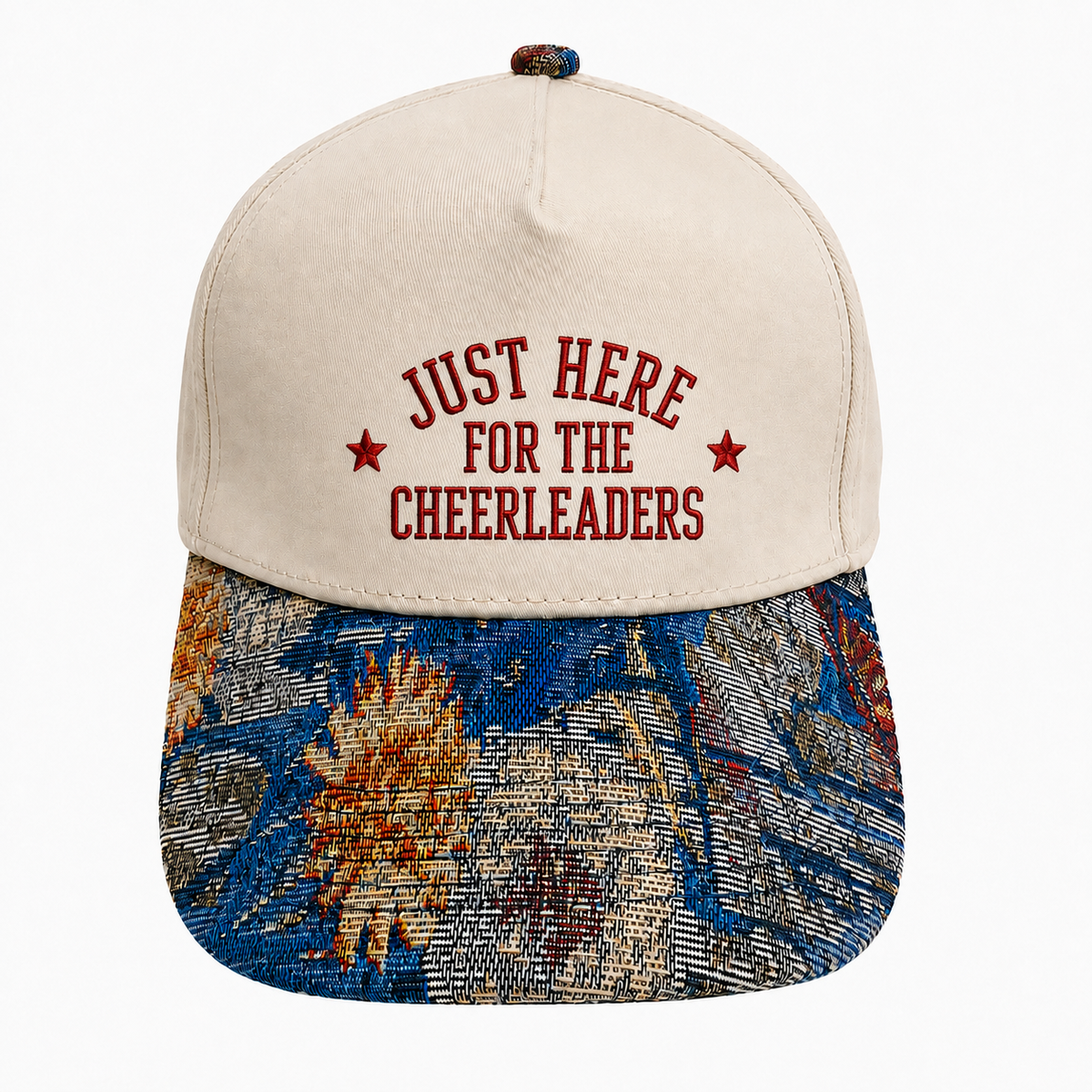 Just Here for the Cheerleaders Embroidered Hat | Funny Cheer Mom Game Day Cap | Vintage Tapestry Brim Snapback