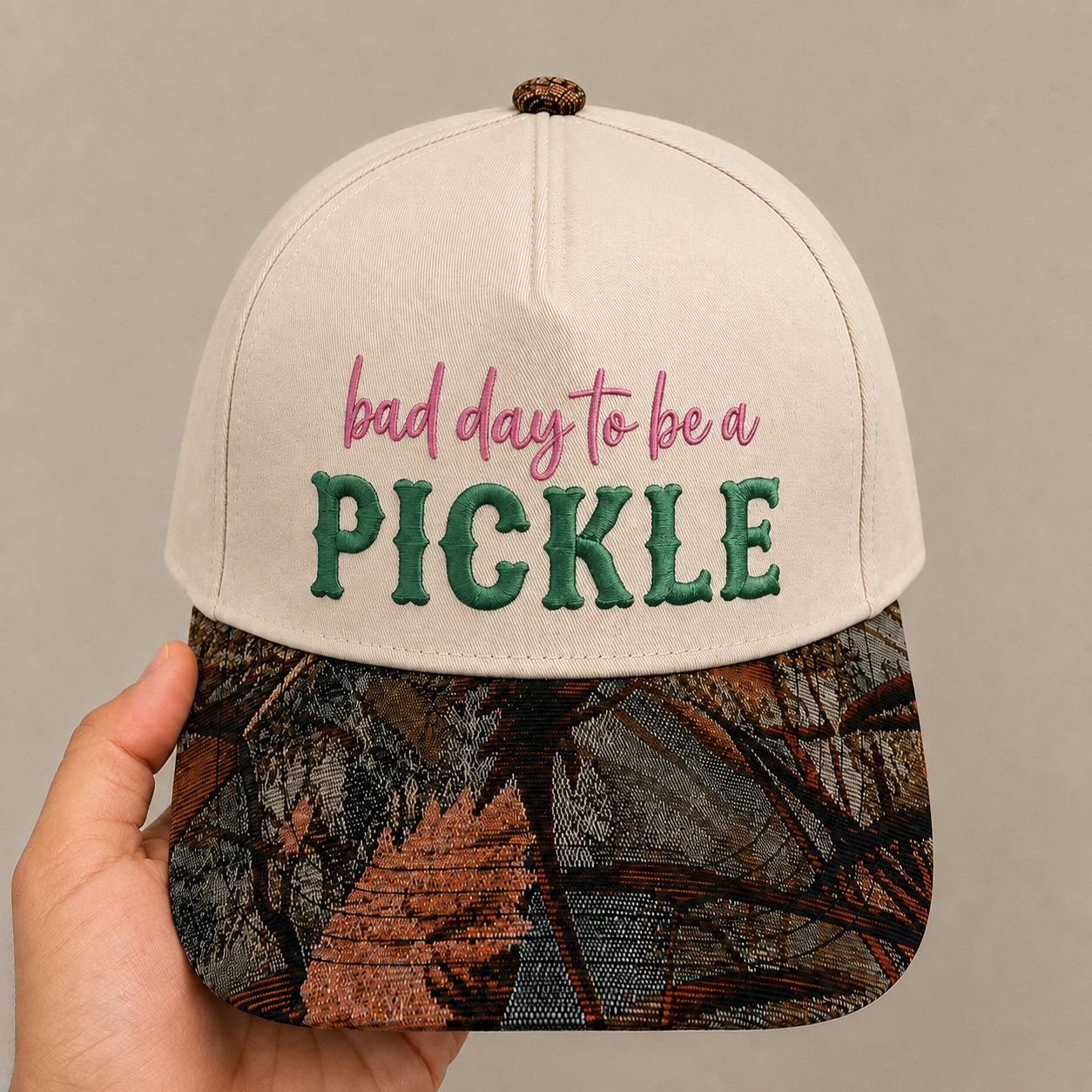 Bad Day to Be a Pickle Hat | Funny Pickle Lover Embroidered Baseball Cap | Adjustable Snapback with Floral Woven Tapestry Brim