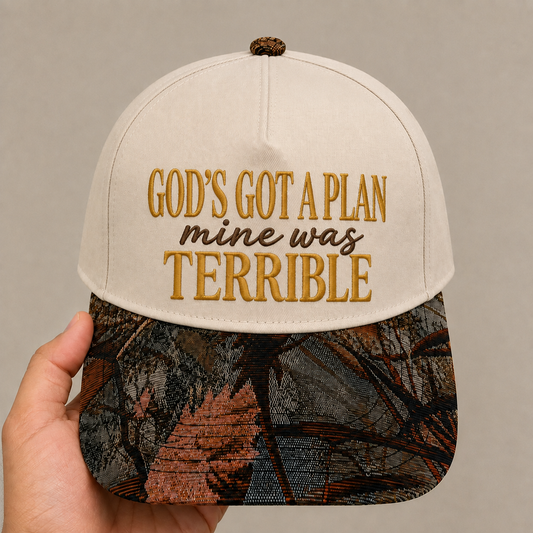Funny Christian Quote Hat - 'God's Got a Plan, Mine Was Terrible' Embroidered Baseball Cap - Unique Vintage Autumn Floral Woven Tapestry Brim - Humorous Statement Headwear for Believers