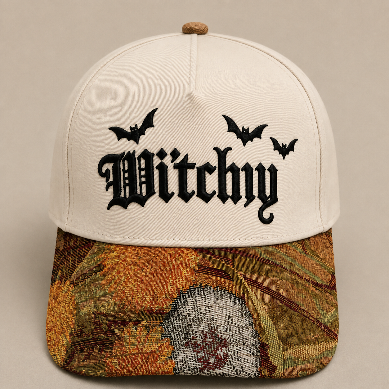 Witchy Hat | Gothic Embroidered Baseball Cap | Adjustable Snapback with Floral Woven Tapestry Brim | Spooky Halloween Witch Gift