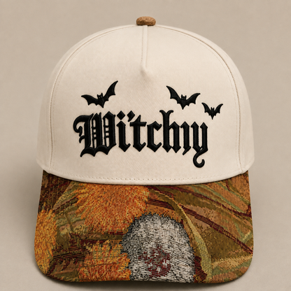 Witchy Hat | Gothic Embroidered Baseball Cap | Adjustable Snapback with Floral Woven Tapestry Brim | Spooky Halloween Witch Gift