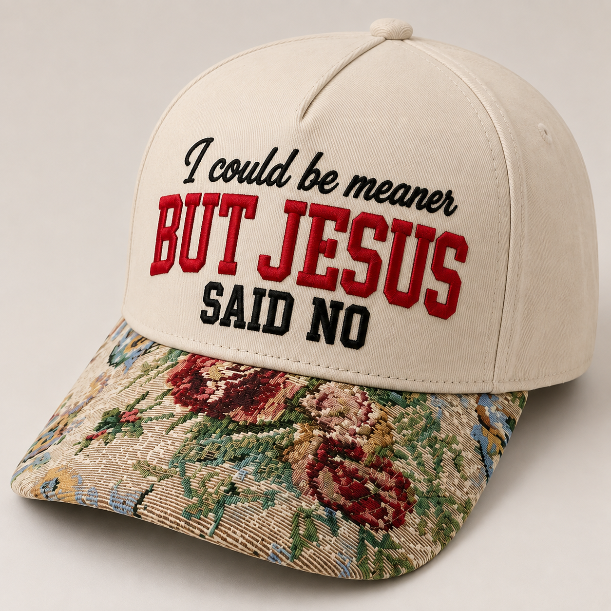 I Could Be Meaner But Jesus Said No Hat | Funny Christian Embroidered Baseball Cap | Adjustable Snapback with Floral Woven Tapestry Brim
