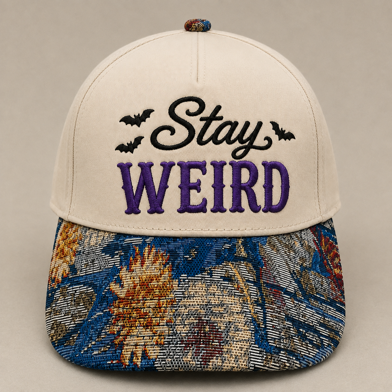 Stay Weird Hat | Funny Gothic Embroidered Baseball Cap | Adjustable Snapback with Woven Tapestry Brim | Spooky Halloween Gift