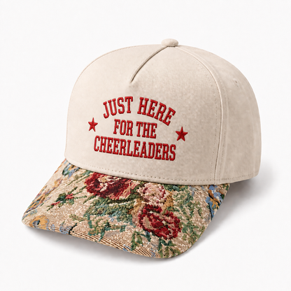 Just Here for the Cheerleaders Embroidered Hat | Funny Cheer Mom Game Day Cap | Vintage Tapestry Brim Snapback