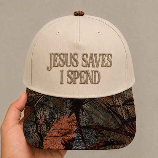 Funny Shopaholic Gag Gift Hat - 'Jesus Saves I Spend' Embroidered Baseball Cap - Unique Vintage Floral Woven Tapestry Brim - Humorous Statement Headwear for Men & Women