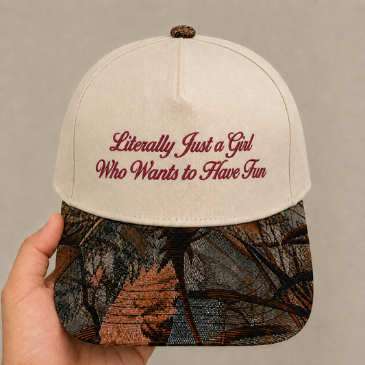 Literally Just a Girl Who Wants to Have Fun Embroidered Hat | Funny Girls Floral Brim Cap | Vintage Tapestry Snapback Gift