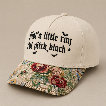 Just a Little Ray of Pitch Black Hat | Gothic Embroidered Baseball Cap | Adjustable Snapback with Woven Tapestry Brim | Emo Gift