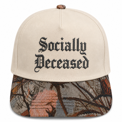 Funny Introvert Anti-Social Hat | 'Socially Deceased' Joke Baseball Cap | Adjustable Snapback with Woven Tapestry Brim | Unique Apparel Gift for Homebodies & Those with a Dark Sense of Humor