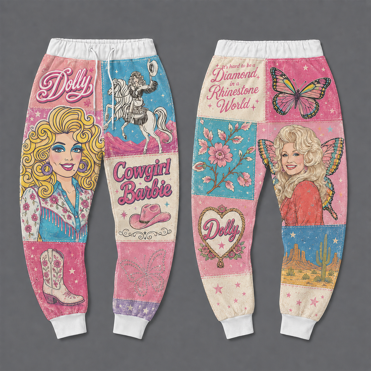 Dolly Inspired Cowgirl Patchwork Sweatpants | Pink Western Country Music Joggers | Retro Rhinestone Cowgirl Pants