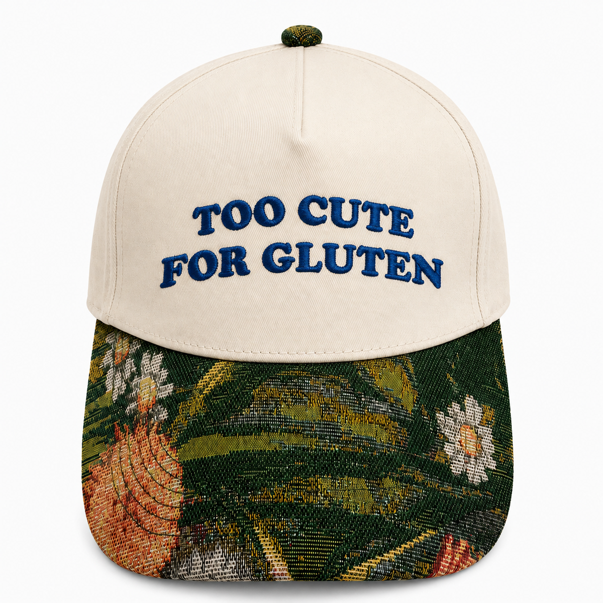 Too Cute for Gluten Hat | Funny Gluten Free Embroidered Baseball Cap | Adjustable Snapback with Woven Tapestry Brim | Celiac Gift