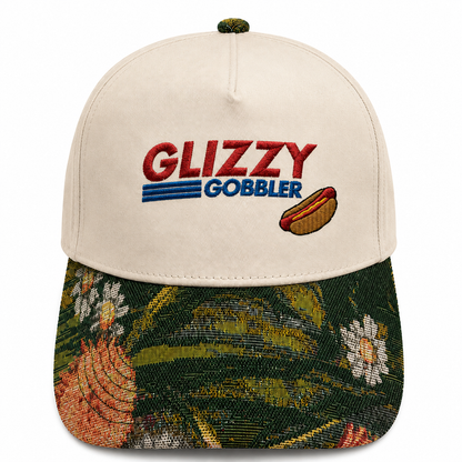 Funny 'Glizzy Gobbler' Hot Dog Embroidered Baseball Cap - Unique Tapestry Woven Floral Brim Hat - Humorous Witty Statement Headwear for Men & Women