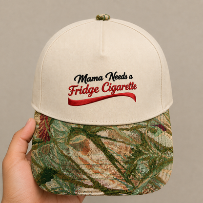 Mama Needs a Fridge Cigarette Hat | Funny Mom Embroidered Baseball Cap | Adjustable Snapback with Floral Woven Tapestry Brim