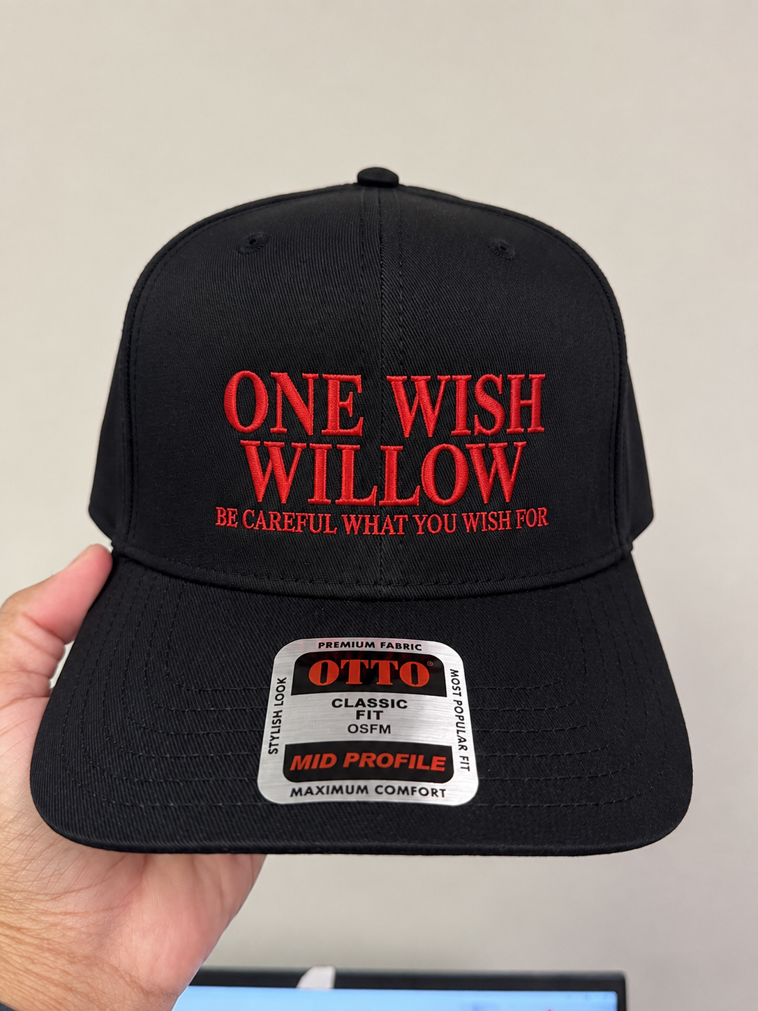 Obsession Movie Merch | One Wish Willow Be Careful What You Wish For Embroidered Hat | Thriller Film Fan Gift | Two-Tone Cream and Black Adjustable Baseball Cap
