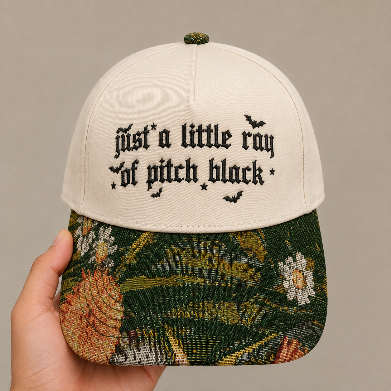 Just a Little Ray of Pitch Black Hat | Gothic Embroidered Baseball Cap | Adjustable Snapback with Woven Tapestry Brim | Emo Gift