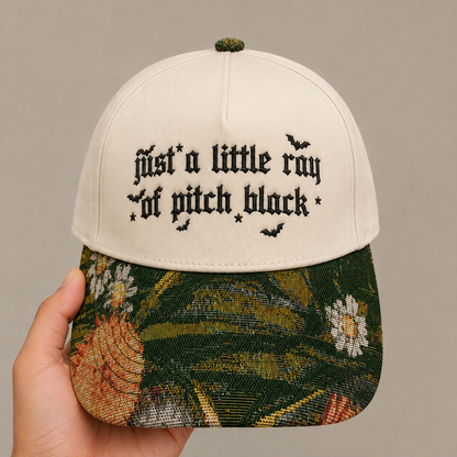 Just a Little Ray of Pitch Black Hat | Gothic Embroidered Baseball Cap | Adjustable Snapback with Woven Tapestry Brim | Emo Gift