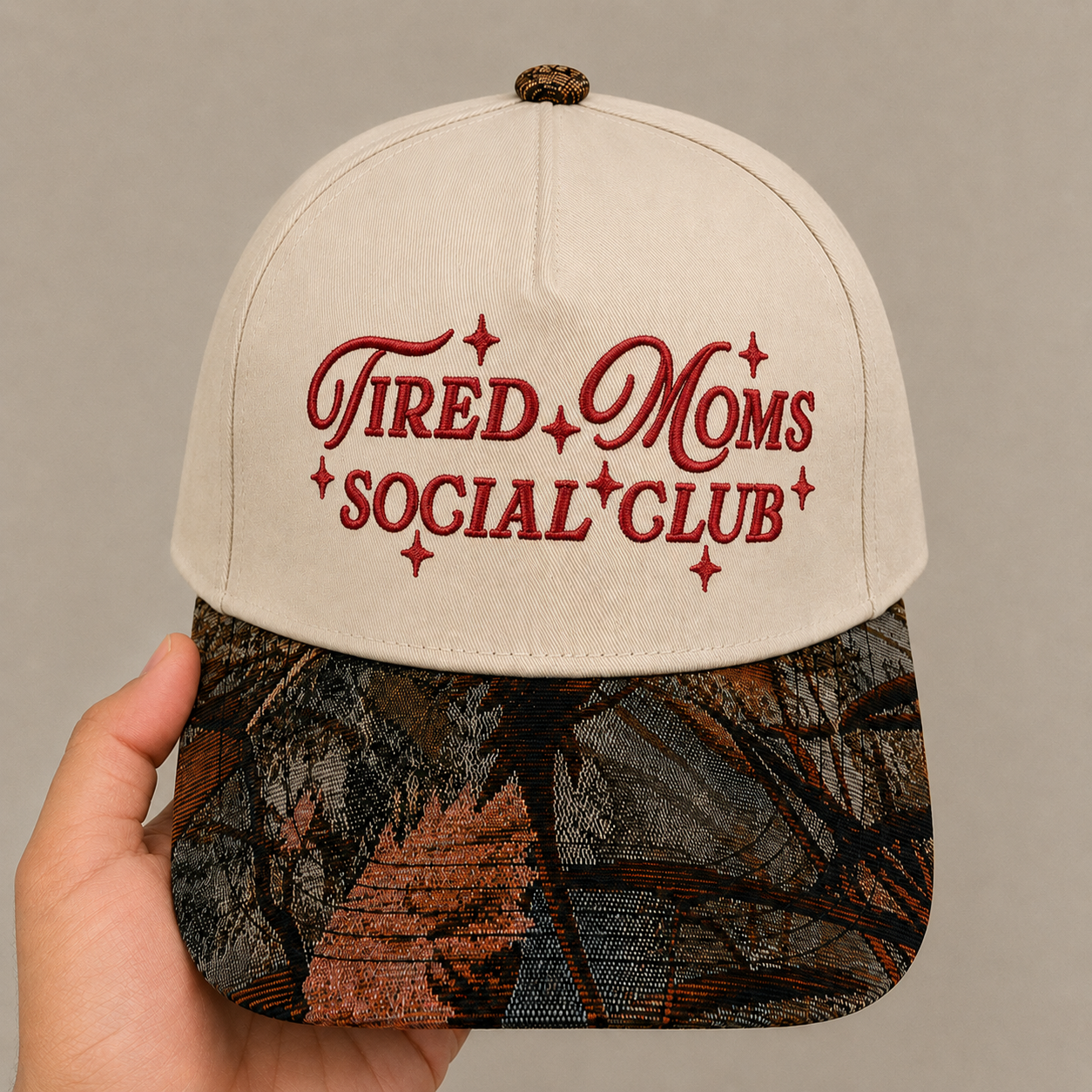 Tired Moms Social Club Hat | Funny Mom Embroidered Baseball Cap | Adjustable Snapback with Woven Tapestry Brim | Mother's Gift