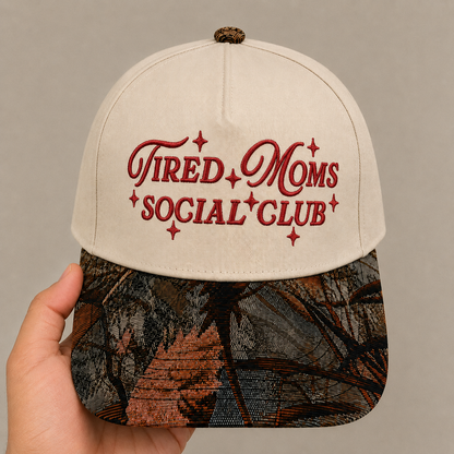 Tired Moms Social Club Hat | Funny Mom Embroidered Baseball Cap | Adjustable Snapback with Woven Tapestry Brim | Mother's Gift