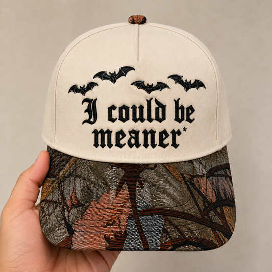 I Could Be Meaner Embroidered Halloween Hat | Bat Gothic Baseball Cap, Funny Sarcastic Adjustable Dad Hat