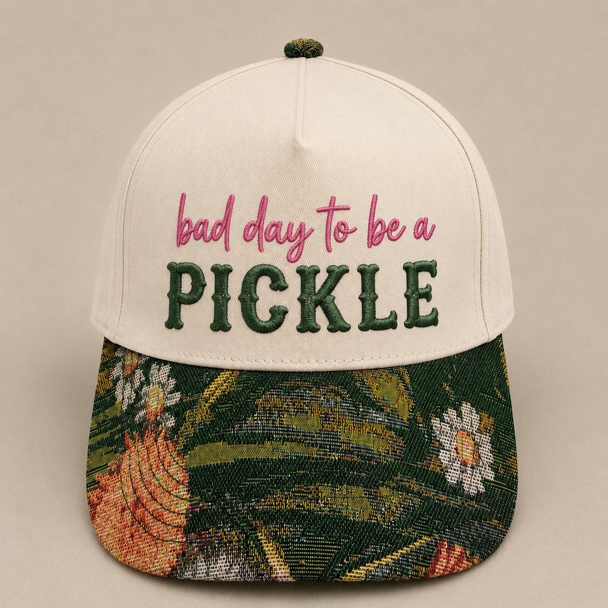 Bad Day to Be a Pickle Hat | Funny Pickle Lover Embroidered Baseball Cap | Adjustable Snapback with Floral Woven Tapestry Brim