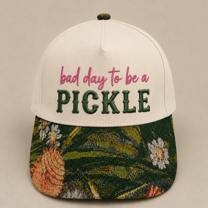 Bad Day to Be a Pickle Hat | Funny Pickle Lover Embroidered Baseball Cap | Adjustable Snapback with Floral Woven Tapestry Brim