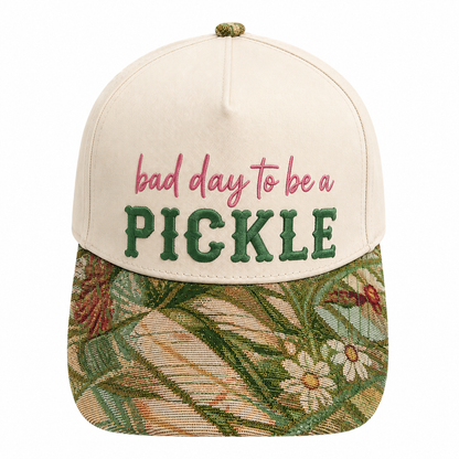 Bad Day to Be a Pickle Hat | Funny Pickle Lover Embroidered Baseball Cap | Adjustable Snapback with Floral Woven Tapestry Brim