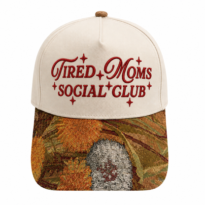 Tired Moms Social Club Hat | Funny Mom Embroidered Baseball Cap | Adjustable Snapback with Woven Tapestry Brim | Mother's Gift