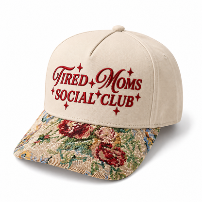 Tired Moms Social Club Hat | Funny Mom Embroidered Baseball Cap | Adjustable Snapback with Woven Tapestry Brim | Mother's Gift