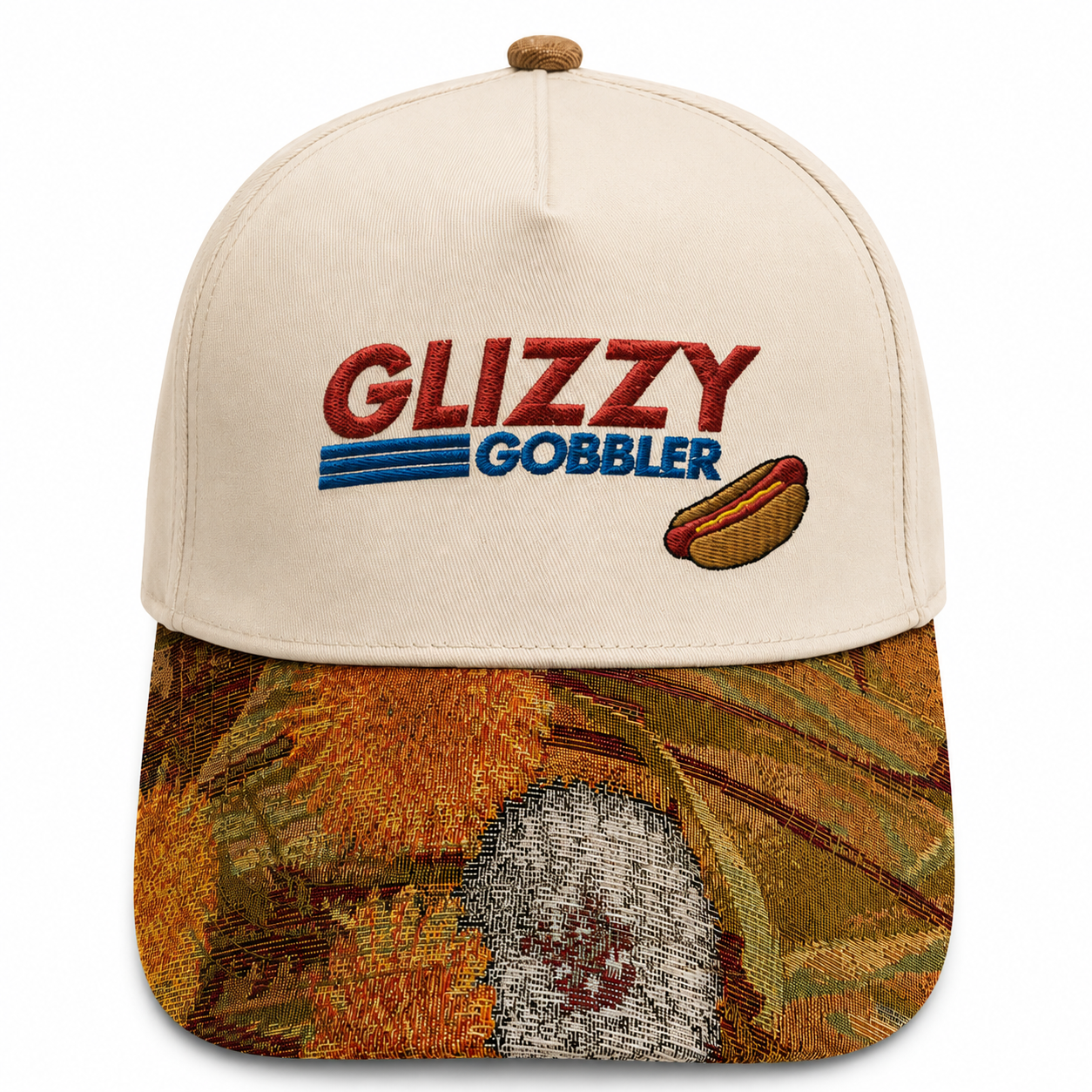 Funny 'Glizzy Gobbler' Hot Dog Embroidered Baseball Cap - Unique Tapestry Woven Floral Brim Hat - Humorous Witty Statement Headwear for Men & Women