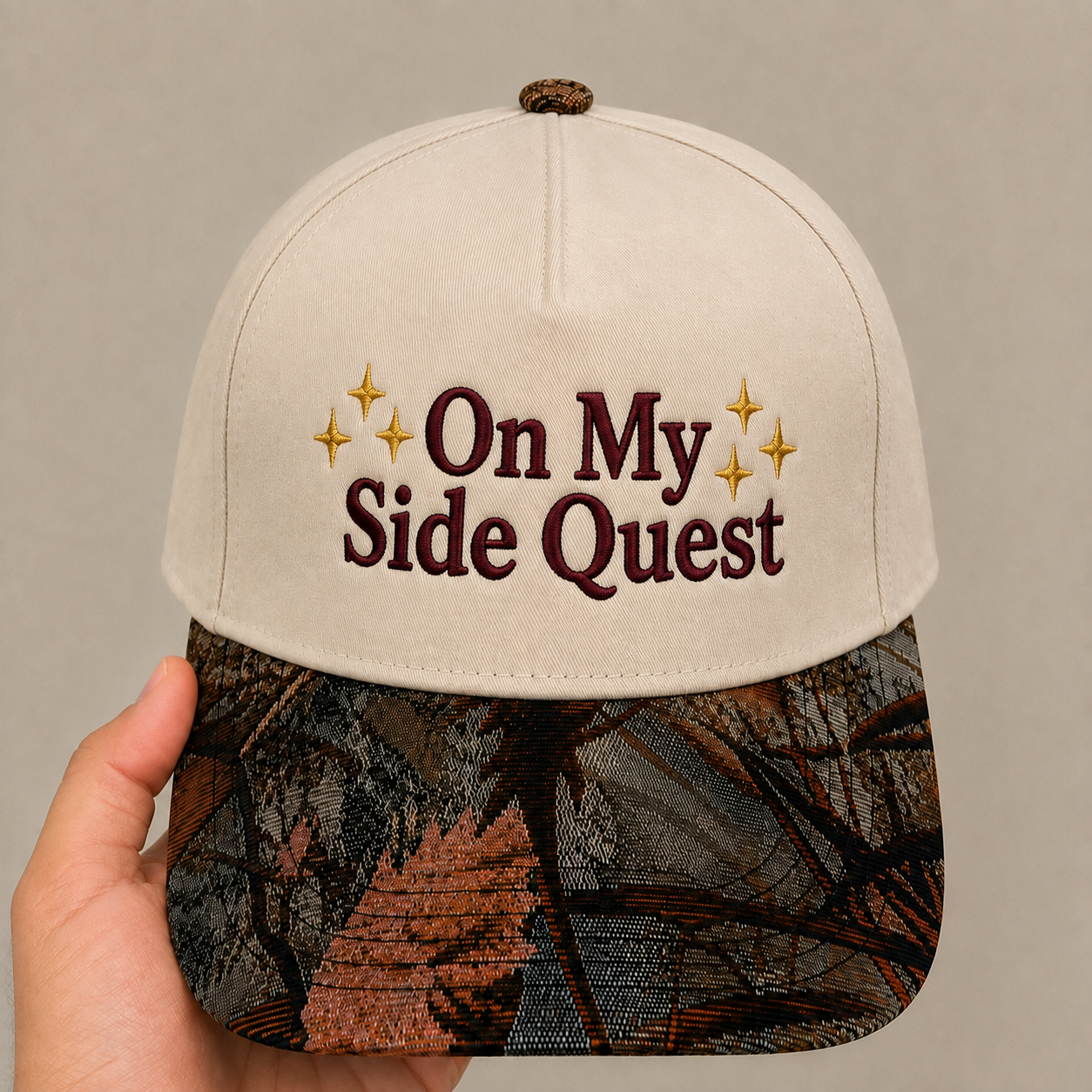 On My Side Quest Hat | Funny Gamer Embroidered Baseball Cap | RPG Gaming Snapback with Woven Tapestry Brim | Nerd Gift for Gamers