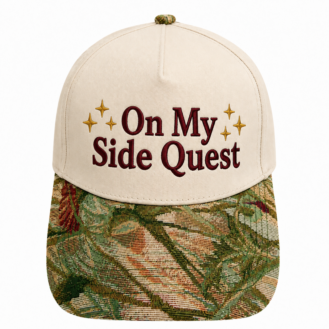 On My Side Quest Hat | Funny Gamer Embroidered Baseball Cap | RPG Gaming Snapback with Woven Tapestry Brim | Nerd Gift for Gamers