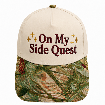 On My Side Quest Hat | Funny Gamer Embroidered Baseball Cap | RPG Gaming Snapback with Woven Tapestry Brim | Nerd Gift for Gamers