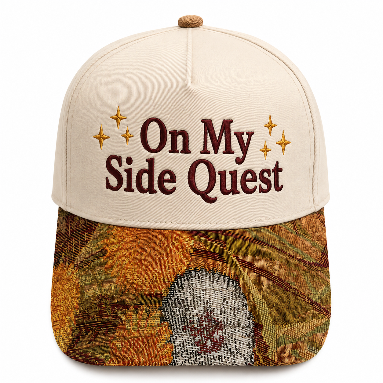 On My Side Quest Hat | Funny Gamer Embroidered Baseball Cap | RPG Gaming Snapback with Woven Tapestry Brim | Nerd Gift for Gamers