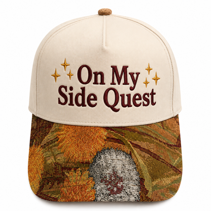 On My Side Quest Hat | Funny Gamer Embroidered Baseball Cap | RPG Gaming Snapback with Woven Tapestry Brim | Nerd Gift for Gamers