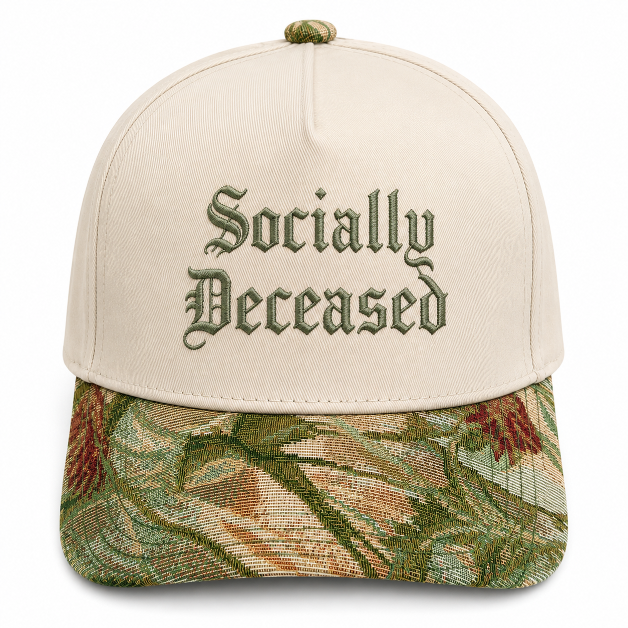 Funny Introvert Anti-Social Hat | 'Socially Deceased' Joke Baseball Cap | Adjustable Snapback with Woven Tapestry Brim | Unique Apparel Gift for Homebodies & Those with a Dark Sense of Humor