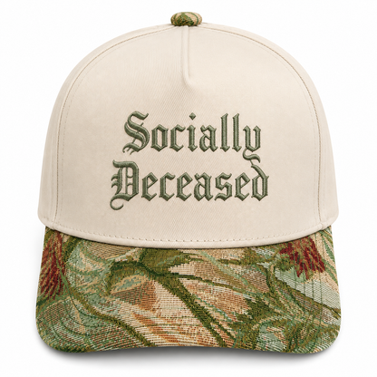 Funny Introvert Anti-Social Hat | 'Socially Deceased' Joke Baseball Cap | Adjustable Snapback with Woven Tapestry Brim | Unique Apparel Gift for Homebodies & Those with a Dark Sense of Humor