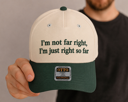 Funny Conservative Political Hat - 'I'm Not Far Right, I'm Just Right So Far' Embroidered Baseball Cap - Humorous Statement Headwear for Men & Women, Perfect for Rallies & Everyday Wear