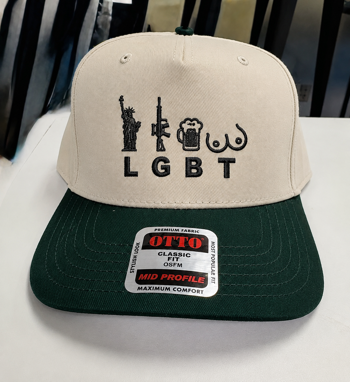 Funny Men's Baseball Cap | LGBT Liberty Guns Beer Joke Hat | Embroidered Two-Tone Snapback | Conservative Humor Gag Gift for Guys