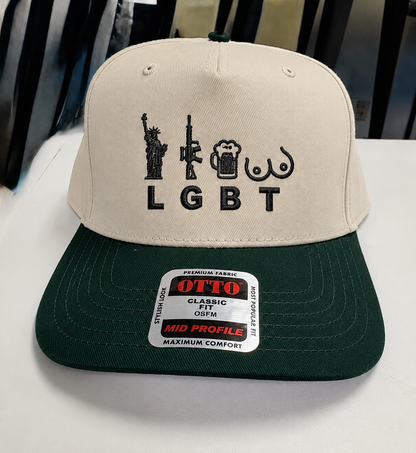 Funny Men's Baseball Cap | LGBT Liberty Guns Beer Joke Hat | Embroidered Two-Tone Snapback | Conservative Humor Gag Gift for Guys