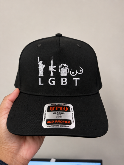 Funny Men's Baseball Cap | LGBT Liberty Guns Beer Joke Hat | Embroidered Two-Tone Snapback | Conservative Humor Gag Gift for Guys