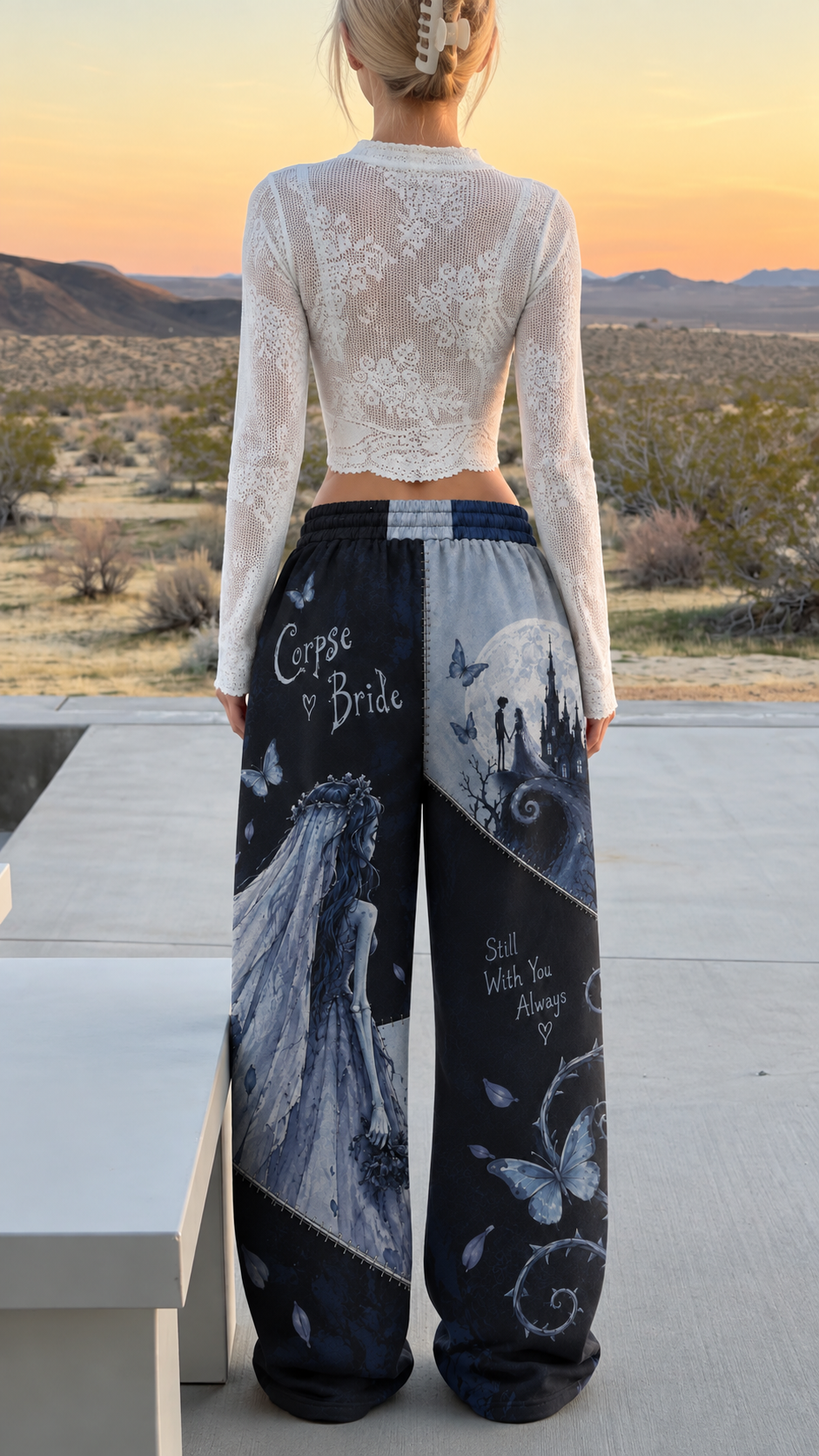 Corpse Bride Halloween Patchwork Sweatpants, Gothic Blue & Black Wide Leg Jogger Pants, Spooky Romance Graphic Streetwear