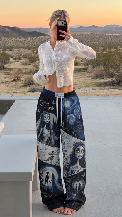 Corpse Bride Halloween Patchwork Sweatpants, Gothic Blue & Black Wide Leg Jogger Pants, Spooky Romance Graphic Streetwear