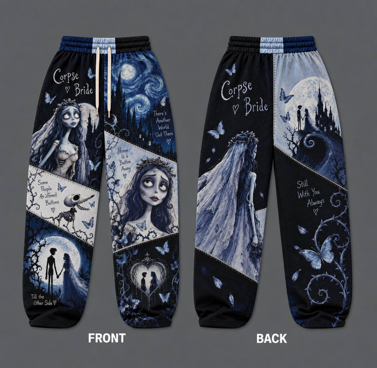 Corpse Bride Halloween Patchwork Sweatpants, Gothic Blue & Black Wide Leg Jogger Pants, Spooky Romance Graphic Streetwear