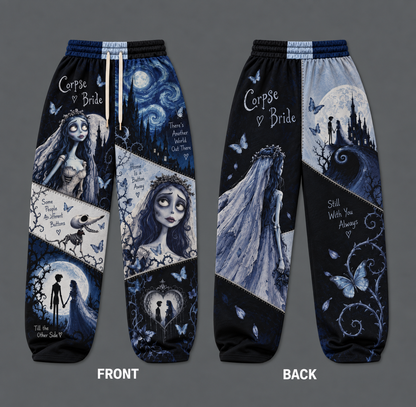 Corpse Bride Halloween Patchwork Sweatpants, Gothic Blue & Black Wide Leg Jogger Pants, Spooky Romance Graphic Streetwear