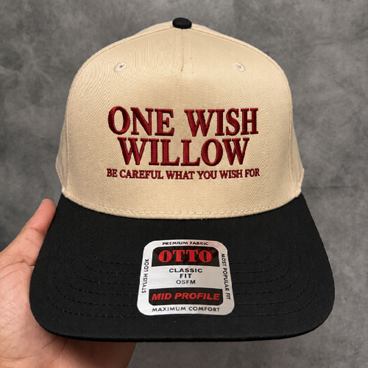 Obsession Movie Merch | One Wish Willow Be Careful What You Wish For Embroidered Hat | Thriller Film Fan Gift | Two-Tone Cream and Black Adjustable Baseball Cap
