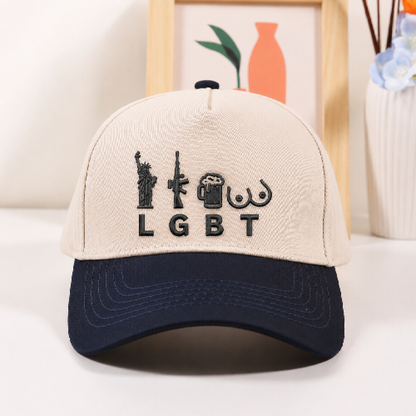 Funny Men's Baseball Cap | LGBT Liberty Guns Beer Joke Hat | Embroidered Two-Tone Snapback | Conservative Humor Gag Gift for Guys