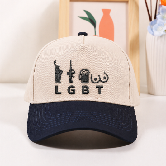 Funny Men's Baseball Cap | LGBT Liberty Guns Beer Joke Hat | Embroidered Two-Tone Snapback | Conservative Humor Gag Gift for Guys