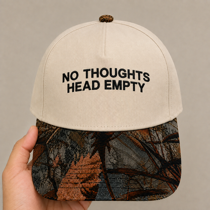 No Thoughts Head Empty Hat | Funny Embroidered Baseball Cap | Adjustable Snapback with Woven Tapestry Brim | Meme Gift for Introverts