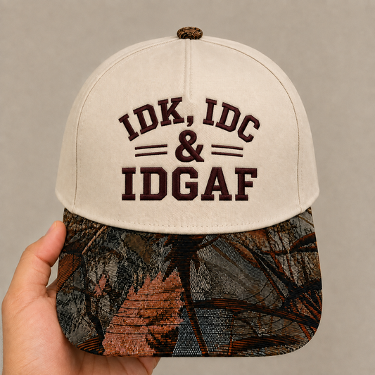 IDK IDC & IDGAF Embroidered Hat | Funny Sarcastic Floral Brim Cap | Vintage Tapestry Snapback