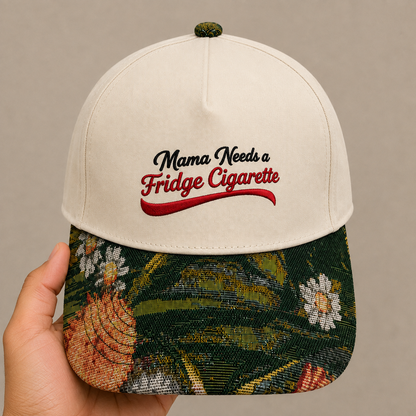 Mama Needs a Fridge Cigarette Hat | Funny Mom Embroidered Baseball Cap | Adjustable Snapback with Floral Woven Tapestry Brim